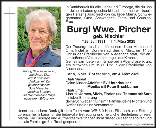 Traueranzeige von Burgl Pircher von Dolomiten