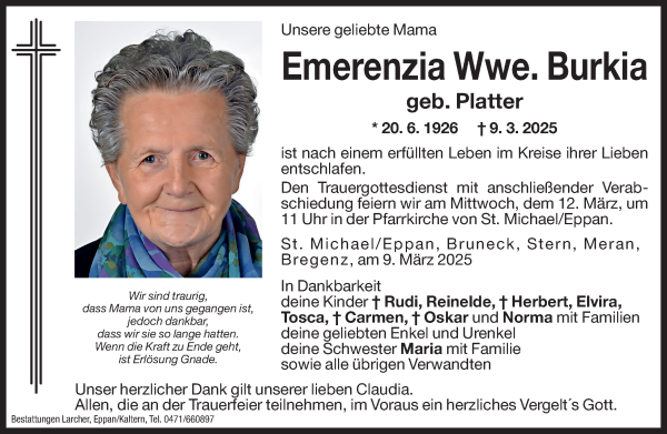 Traueranzeige von Emerenzia Burkia von Dolomiten