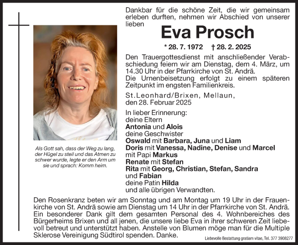 Traueranzeige von Eva Prosch von Dolomiten