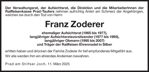 Traueranzeige von Franz Zoderer von Dolomiten