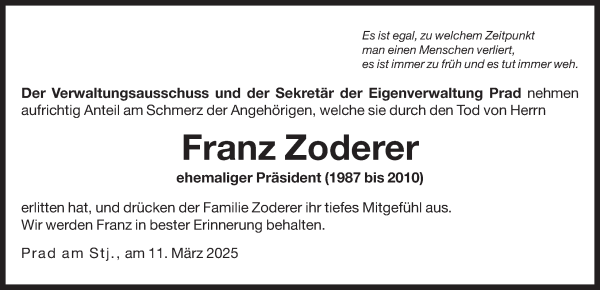 Traueranzeige von Franz Zoderer von Dolomiten