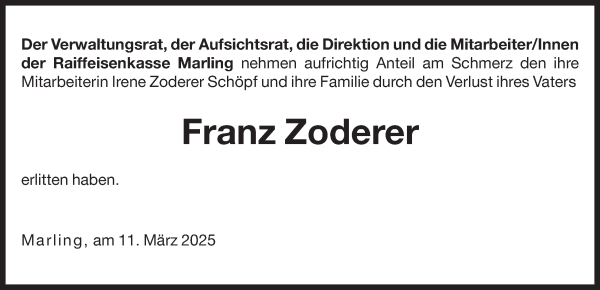 Traueranzeige von Franz Zoderer von Dolomiten