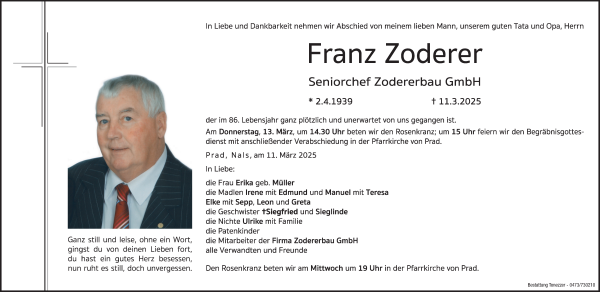 Traueranzeige von Franz Zoderer von Dolomiten