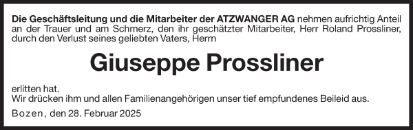 Traueranzeige von Giuseppe Prossliner von Dolomiten