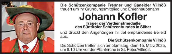 Traueranzeige von Johann Kofler von Dolomiten