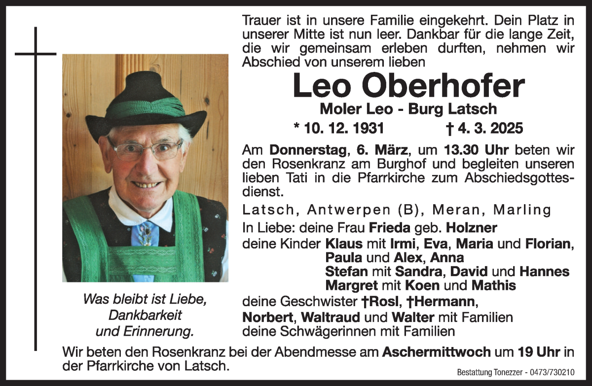  Traueranzeige für Leo Oberhofer vom 05.03.2025 aus Dolomiten