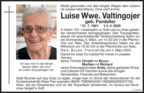 Traueranzeige von Luise Valtingojer von Dolomiten