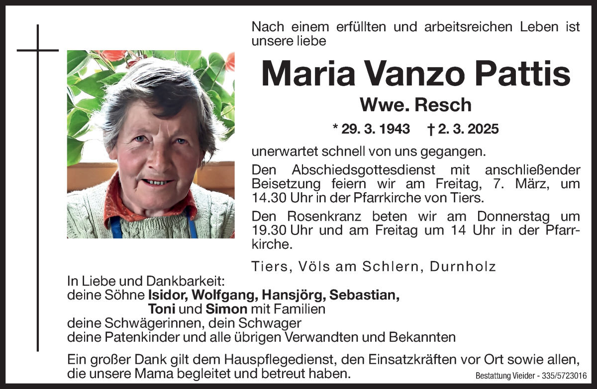  Traueranzeige für Maria Resch vom 06.03.2025 aus Dolomiten
