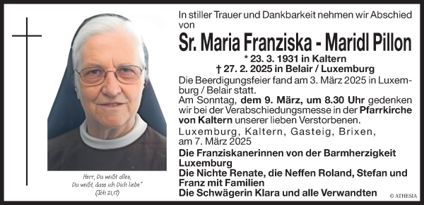 Traueranzeige von Maridl Pillon von Dolomiten