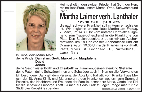 Traueranzeige von Martha Lanthaler von Dolomiten