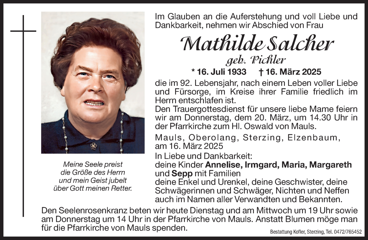 Traueranzeige für Mathilde Salcher vom 18.03.2025 aus Dolomiten