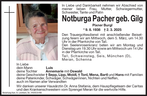 Traueranzeige von Notburga Pacher von Dolomiten