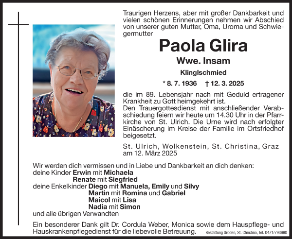 Traueranzeige von Paola Insam von Dolomiten