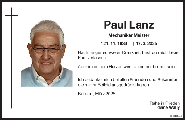 Traueranzeige von Paul Lanz von Dolomiten