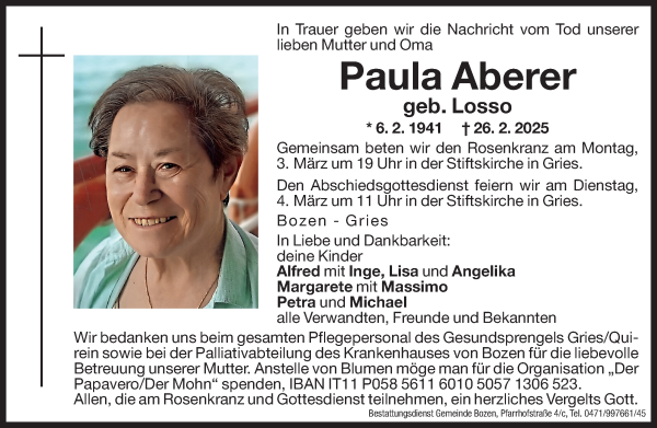 Traueranzeige von Paula Aberer von Dolomiten