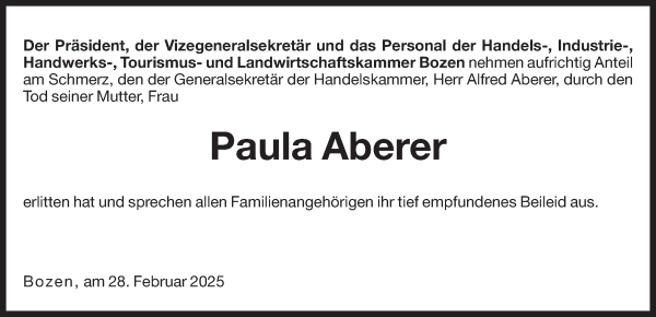 Traueranzeige von Paula Aberer von Dolomiten