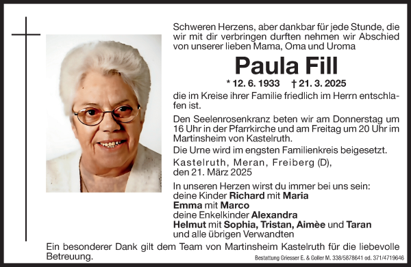 Traueranzeige von Paula Fill von Dolomiten