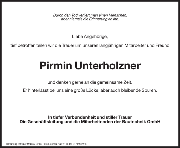 Traueranzeige von Pirmin Unterholzner von Dolomiten