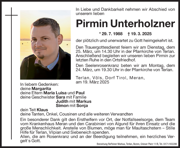 Traueranzeige von Pirmin Unterholzner von Dolomiten