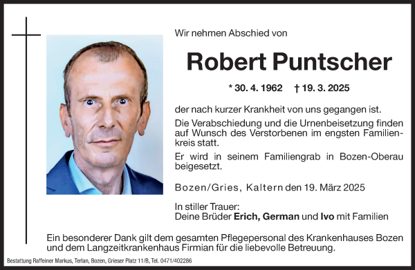 Traueranzeige von Robert Puntscher von Dolomiten
