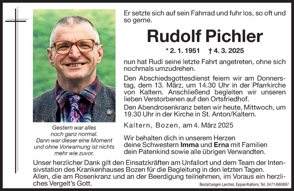 Traueranzeige von Rudolf Pichler von Dolomiten