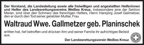 Traueranzeige von Waltraud Gallmetzer von Dolomiten
