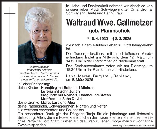 Traueranzeige von Waltraud Gallmetzer von Dolomiten