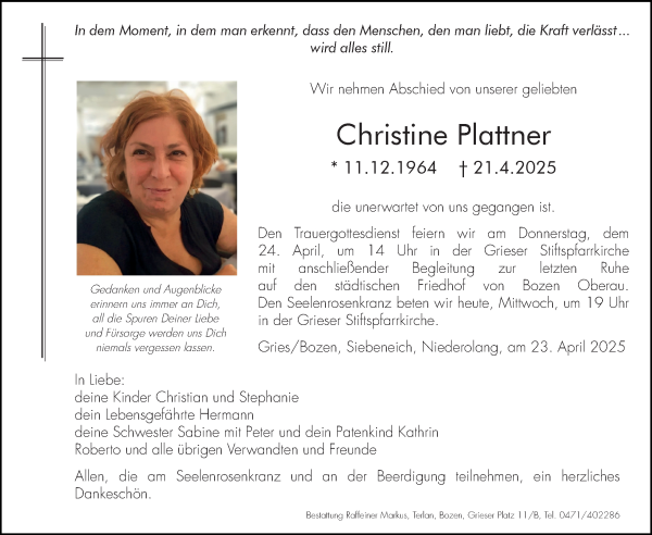 Traueranzeige von Christine Plattner von Dolomiten