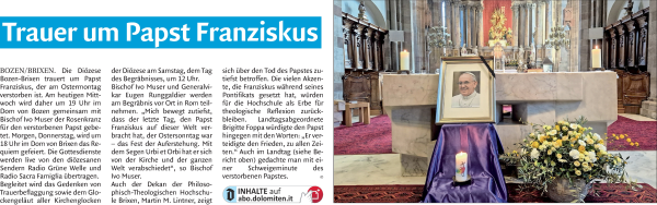 Traueranzeige von Papst Franziskus  von Dolomiten