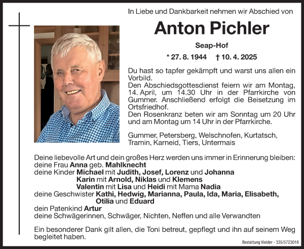Traueranzeige von Anton Pichler von Dolomiten