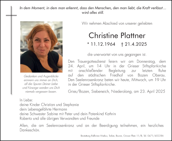 Traueranzeige von Christine Plattner von Dolomiten