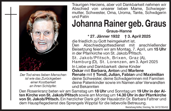 Traueranzeige von Johanna Rainer von Dolomiten