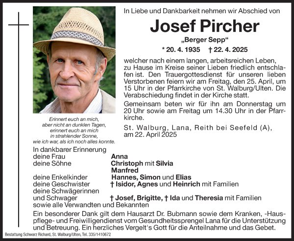 Traueranzeige von Josef Pircher von Dolomiten