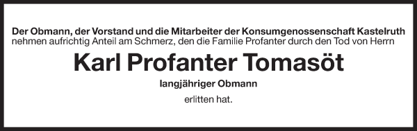 Traueranzeige von Karl Profanter von Dolomiten