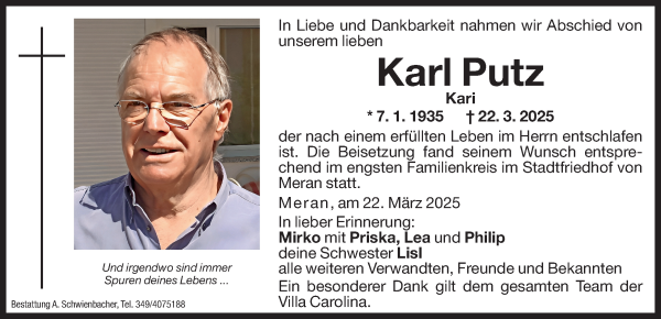 Traueranzeige von Karl Putz von Dolomiten