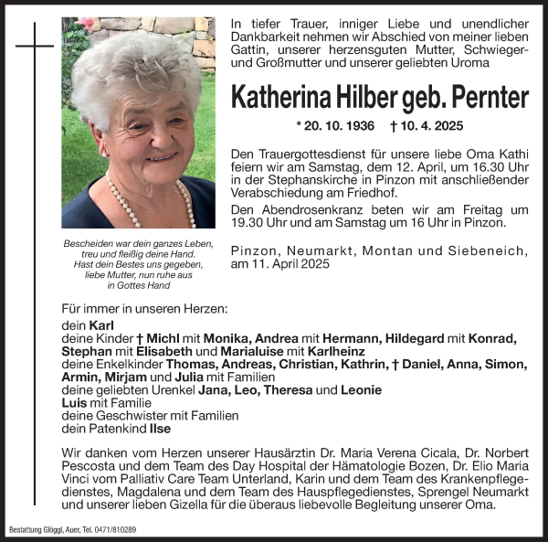 Traueranzeige von Katherina Hilber von Dolomiten