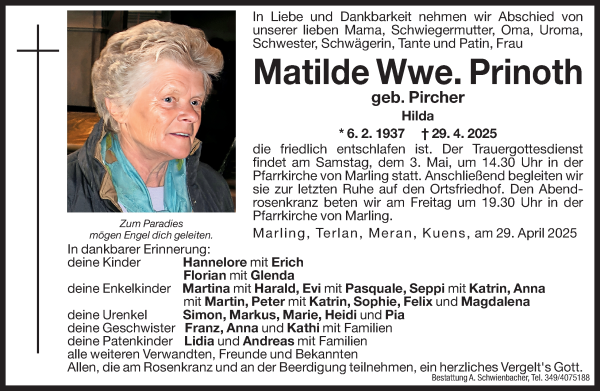 Traueranzeige von Matilde Prinoth von Dolomiten