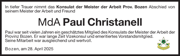 Traueranzeige von Paul Christanell von Dolomiten