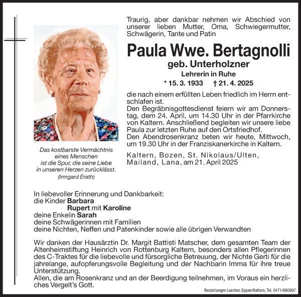 Traueranzeige von Paula Bertagnolli von Dolomiten
