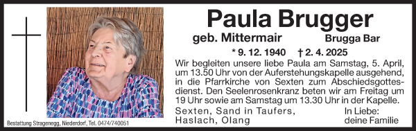 Traueranzeige von Paula Brugger von Dolomiten
