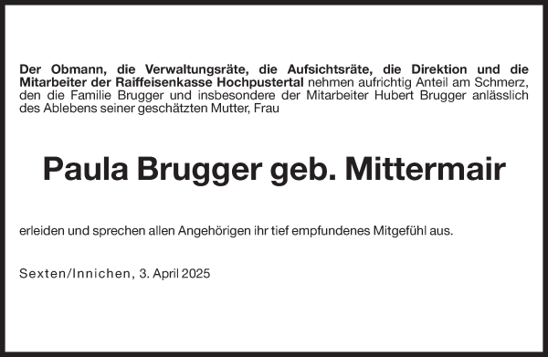 Traueranzeige von Paula Brugger von Dolomiten