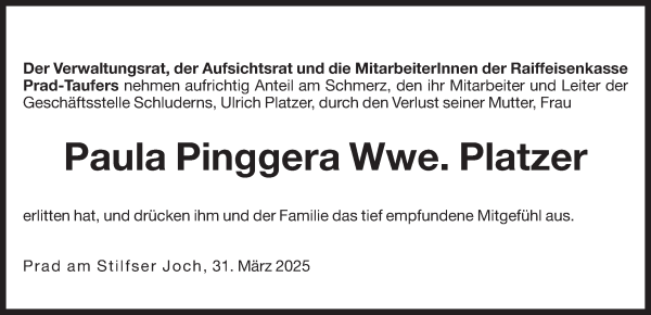 Traueranzeige von Paula Pinggera von Dolomiten