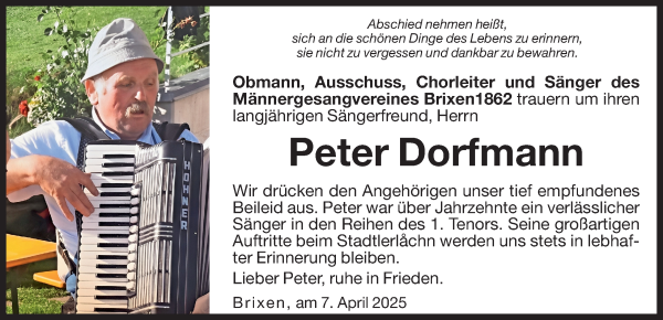 Traueranzeige von Peter Dorfmann von Dolomiten