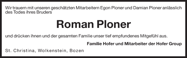 Traueranzeige von Roman Ploner von Dolomiten
