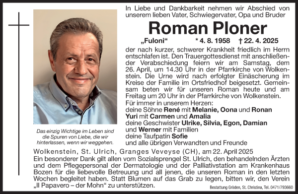 Traueranzeige von Roman Ploner von Dolomiten