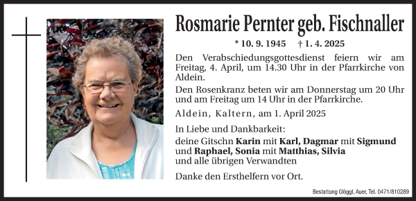 Traueranzeige von Rosmarie Pernter von Dolomiten