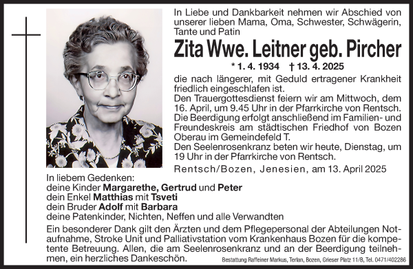 Traueranzeige von Zita Leitner von Dolomiten