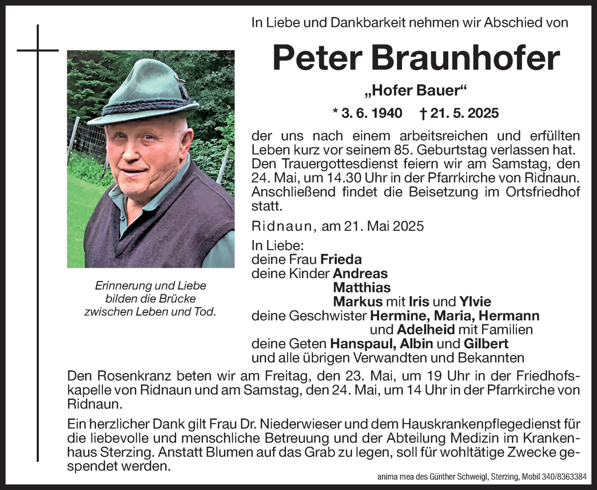  Traueranzeige für Peter Braunhofer vom 23.05.2025 aus Dolomiten