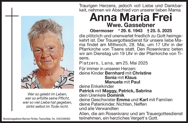 Traueranzeige von Anna Maria Gassebner von Dolomiten