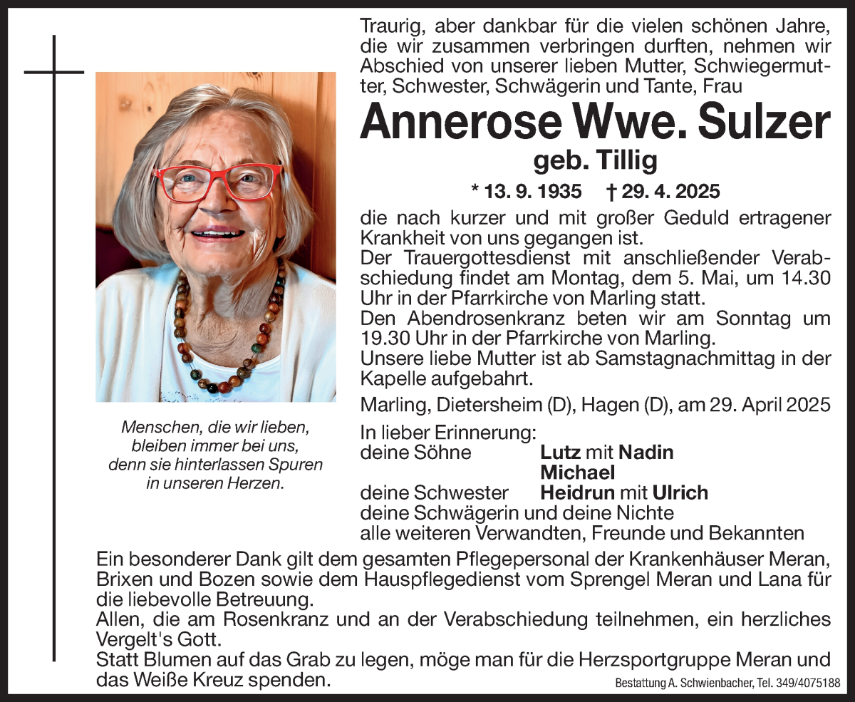  Traueranzeige für Annerose Sulzer vom 03.05.2025 aus Dolomiten